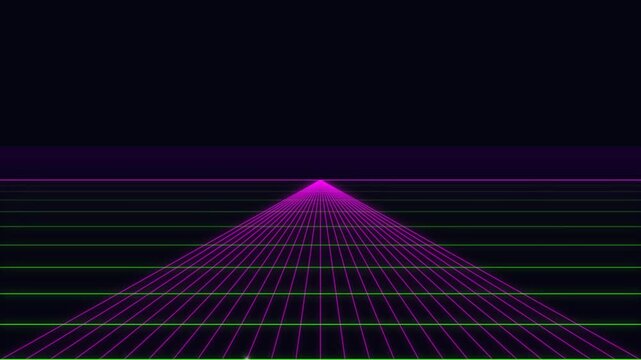 Retro 1980s Style Neon Purple and Green Grid Landscape Moving Towards Horizon for Video Background