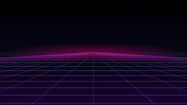 Retro 80s Neon Purple Grid Floor Moving Towards Pink Horizon in Futuristic Digital Cyberpunk Space