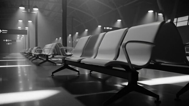 Empty airport waiting area with row of seats and diffused lighting in grayscale ambiance