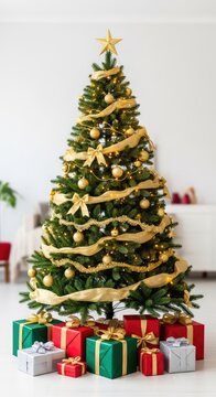 Elegante albero di Natale con decorazioni dorate e luci soffuse, circondato da pacchi regalo variopinti in un ambiente domestico festivo, fiocchi, regali, vacanze