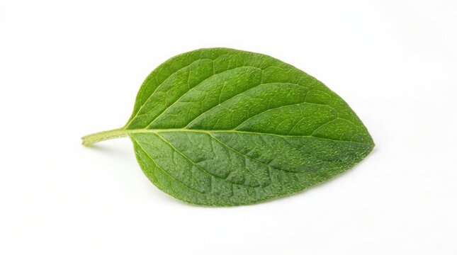 Close-up of one fresh green oregano leaf oriented horizontally with single leaf culinary herb seasoning ingredient aromatic isolated background nutrition mediterranean perennial