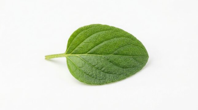 Isolated single fresh green oregano leaf viewed from top down on a white surface with culinary herb seasoning ingredient aromatic isolated background nutrition mediterranean perennial