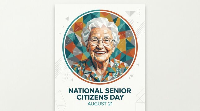 Happy elderly woman portrait for national senior citizens day celebration poster with colorful geometric pattern