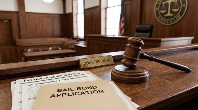 A courtroom table displays a bail bond application and documents related to pre-trial release services.