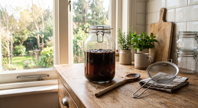 Cold brew coffee setup with glass jar and coarse grounds