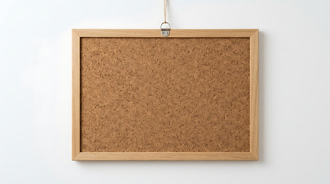 Empty rectangular cork bulletin board with a wooden frame hanging on a plain white wall
