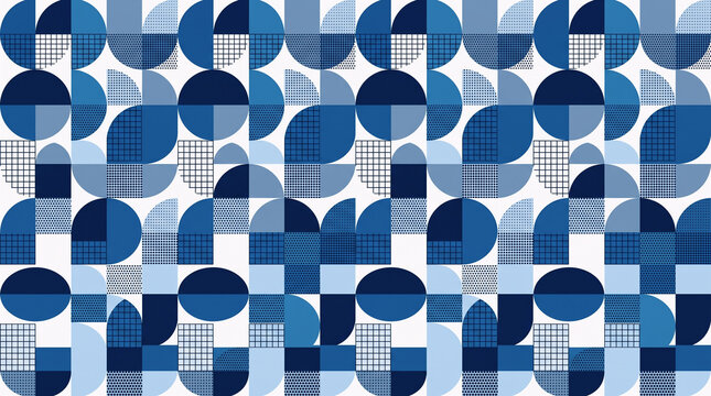 Geometric navy blue pattern vector background with abstract circles squares and half circles shape design