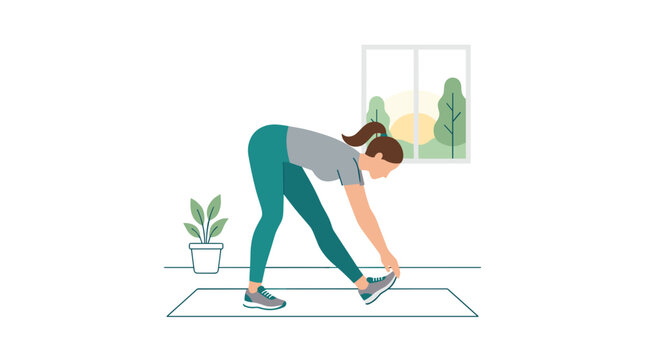 Woman stretching hamstrings on yoga mat indoors with sunlight and plants