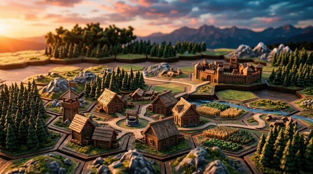 A detailed fantasy medieval village and castle set on a hex grid during a golden hour sunset.