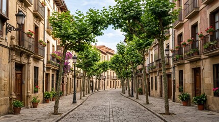 Fototapeta premium A Shaded Walkable Corridor: Exploring the Charm of Historic Pedestrian Streets