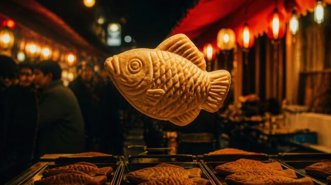 Golden taiyaki, a fish-shaped cake, floats at a vibrant Japanese night market with glowing lanterns and food stalls.