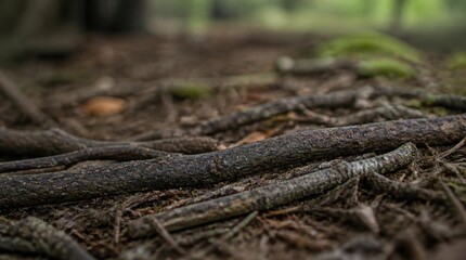 Fototapeta premium Detailed texture of gnarled tree roots and moss on a forest floor, with shallow depth of field creating a blurred background.