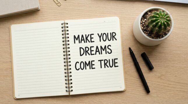 Open spiral notebook with the handwritten inspirational quote make your dreams come true on a clean wooden office desk