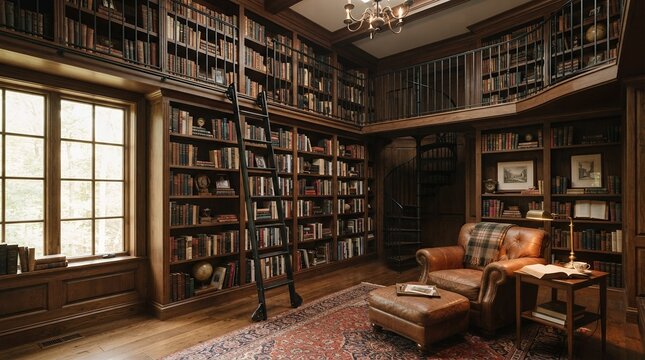 Cozy Library Interior with Bookshelves and Armchair.