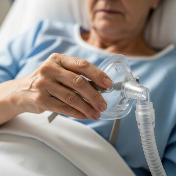 Elderly patient using oxygen mask in hospital bed.