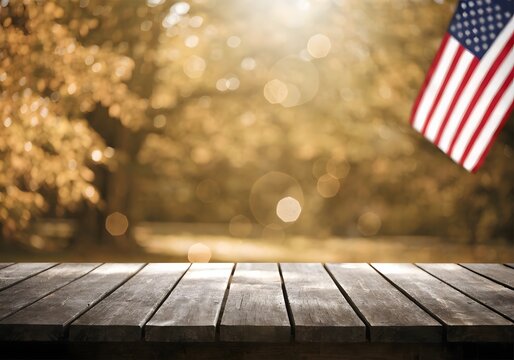 American flag on rustic wood table top.