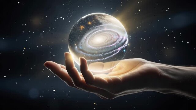 Mystical glowing orb in hand with swirling light effect magical energy and fantasy concept
