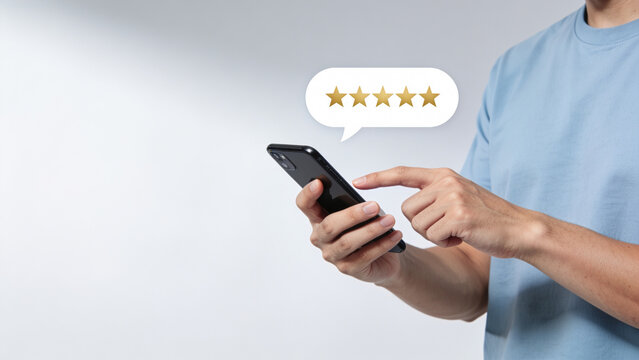 Man Using Smartphone With Five Star Customer Review Interface, Online Feedback and Customer Satisfaction Concept for Digital Business and Service Evaluation