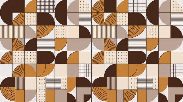 Brown Beige Geometric Seamless Pattern Vector Background with Rainbow Arc and Half Circle Design