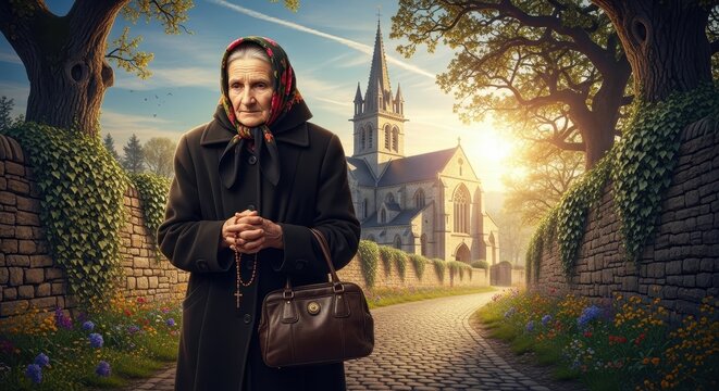 Elderly woman walking near historic church at sunset.