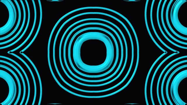 Cyan concentric circles expanding and repeating in symmetrical patterns against black background