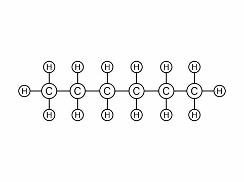 Hexane Chemical Structure Diagram, Hydrocarbon Compound Line Art Illustration of Alkane Chain