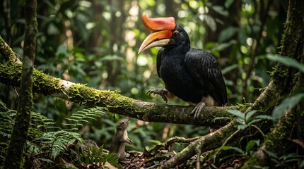 Fototapeta premium Rhinoceros Hornbill Perched on Tree Branch in Lush Tropical Forest