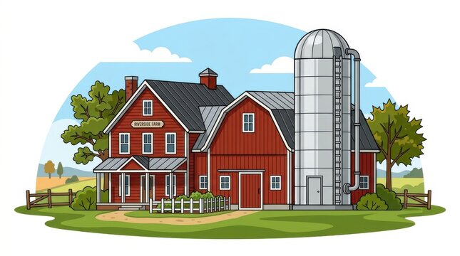 Rustic red barn house with gray silo in countryside