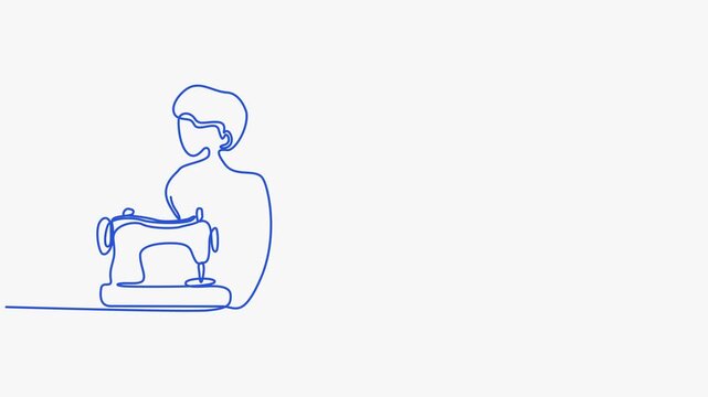 Continuous single line art drawing animation of tailor sewing machine with word tailor