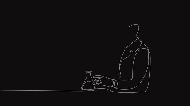 Continuous single line art drawing animation of scientist holding test tube dark background