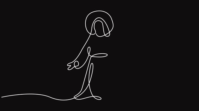 Continuous single line art drawing animation of Virgin Mary standing on dark background