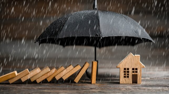 Wooden house model protected by umbrella from falling dominoes and rain