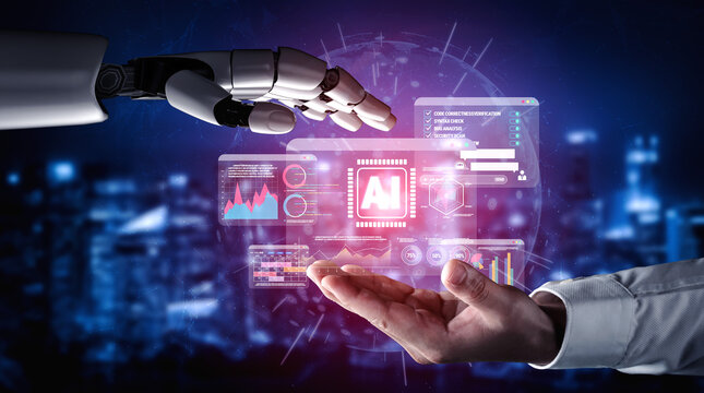 Futuristic Interaction Between Human Hand and Robotic Hand with Artificial Intelligence Insights and Data Visualizations in a Tech Context Quark.