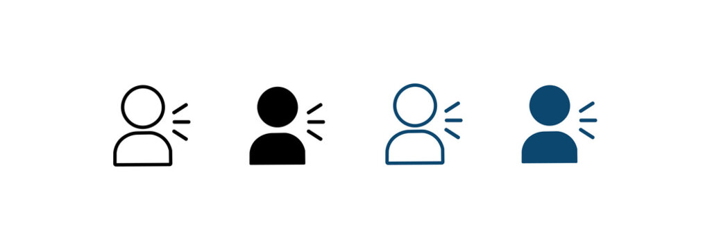 Set of icons depicting people speaking. Simple pictograms for speaking activities, announcements, communication, and public speaking.