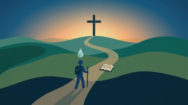 A lonely traveler walking on a path toward a large cross on a hill at sunrise with an open holy bible on the ground