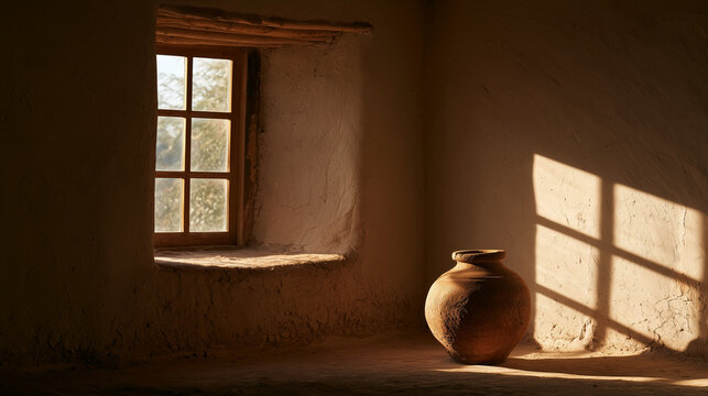 Adobe house interior with thick mud plaster walls and a deep window recess
