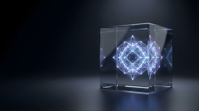 Glowing digital geometric structure inside a glass cube on dark background