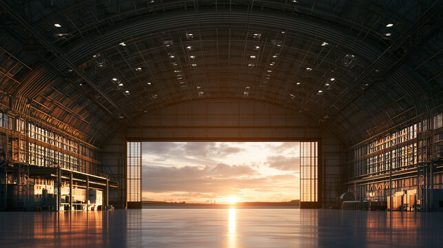 Empty aircraft hangar interior with a vast arched roof and open doorway
