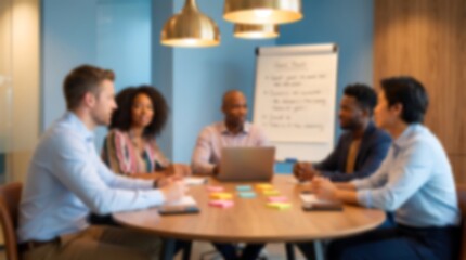Fototapeta premium Diverse professional team having blurred brainstorming meeting around wooden table in modern office with sticky notes and laptops representing collaboration and workplace diversity