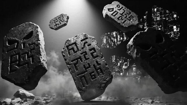 Mystical stones with etched symbols floating above a futuristic city scape in monochrome