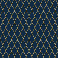 Art Deco seamless pattern with gold scales on navy blue background, luxury geometric vector wallpaper, elegant fish scale motif © Md Azraf Hussain If