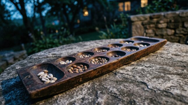 Close-up of an old wooden Mancala board filled with seeds, set on a stone surface at twilight.