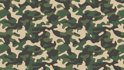 Fototapeta premium Woodland forest military camouflage seamless pattern texture in khaki green brown and beige color shades.