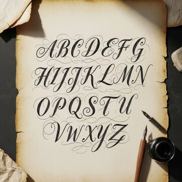 Elegant Calligraphy Alphabet on Aged Parchment with Quill.