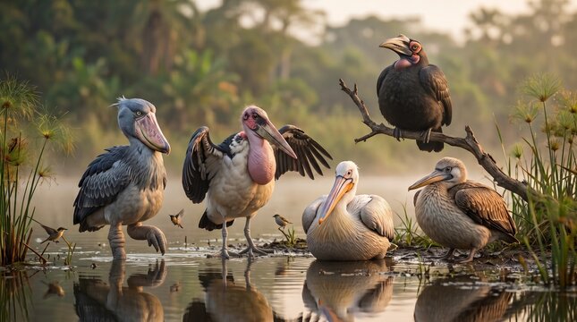 Group of Pelicans and Shoebills by a Misty Lake at Sunrise