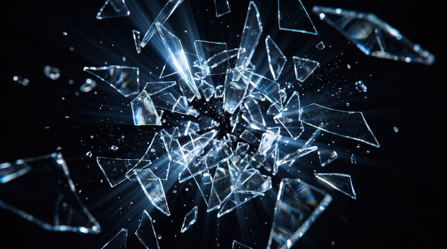 sharp shards of broken glass exploding violently through the air, hundreds of crystal fragments suspended in dynamic motion