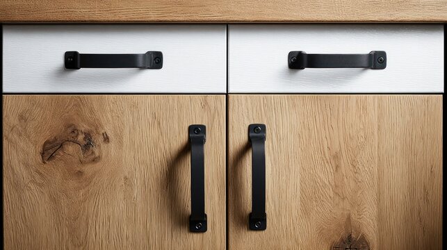 Modern cabinet doors with black handles and wood grain detail