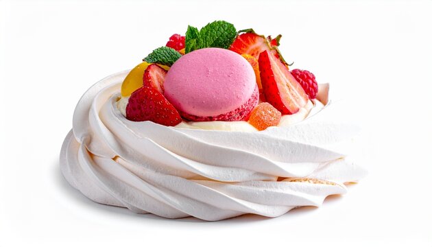 Sweet pavlova dessert topped with fresh strawberries and cream