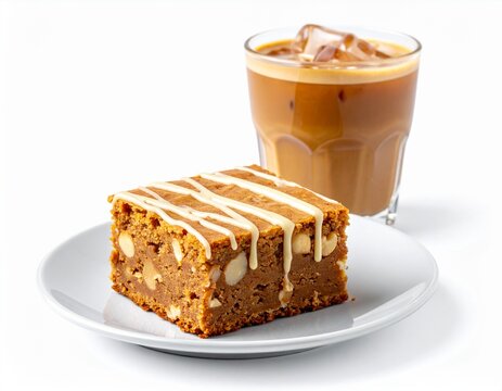 Sweet caramel blondie cake piece served with iced coffee