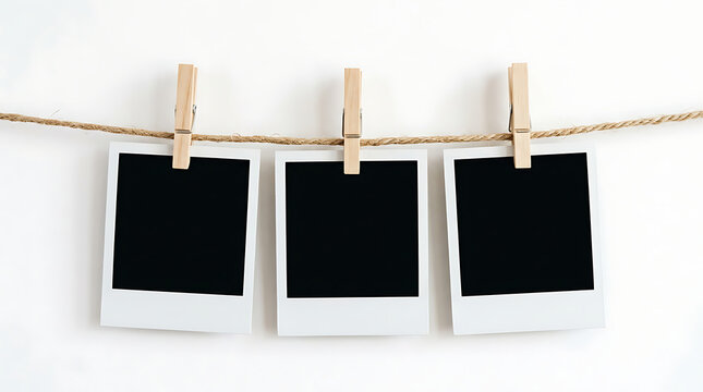Three empty instant photo frames hanging on a rope with wooden clothespins isolated on white background